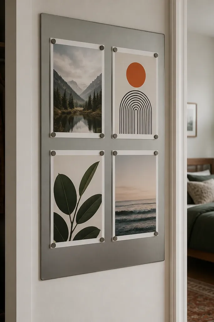 A bedroom entry or closet area with a magnetic board panel. Posters are held using magnets at the corners, and the board sits flush against a metal surface. The arrangement is neat, with consistent margins.