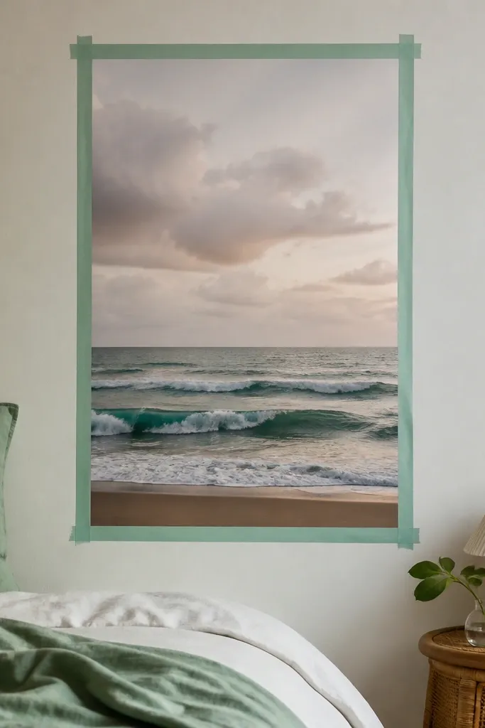 A poster mounted on a wall with a neat wash tape border around it. The tape forms clean lines at the edges, and the poster sits slightly inset. The wall is light colored, and the tape color matches bedding accents.