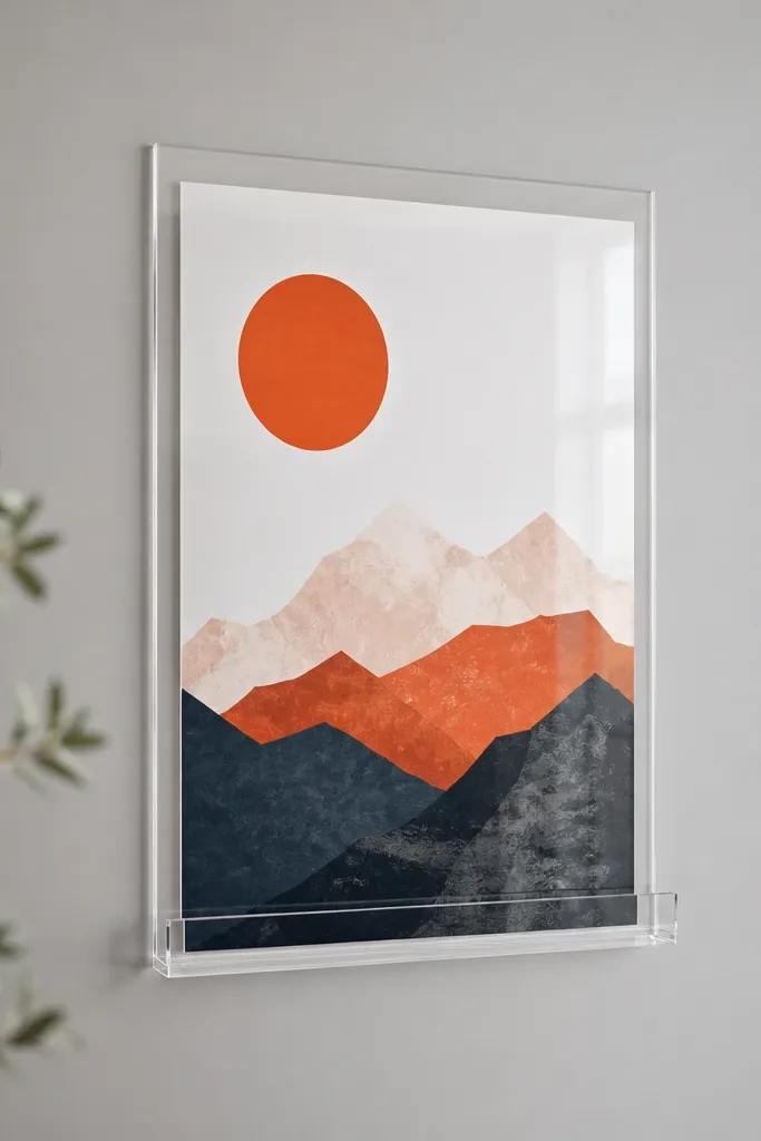 A clear acrylic ledge mounted on the wall holding a poster. The poster looks protected behind the acrylic lip, and it sits perfectly flat. The background wall is a soft gray, and the poster colors look crisp.