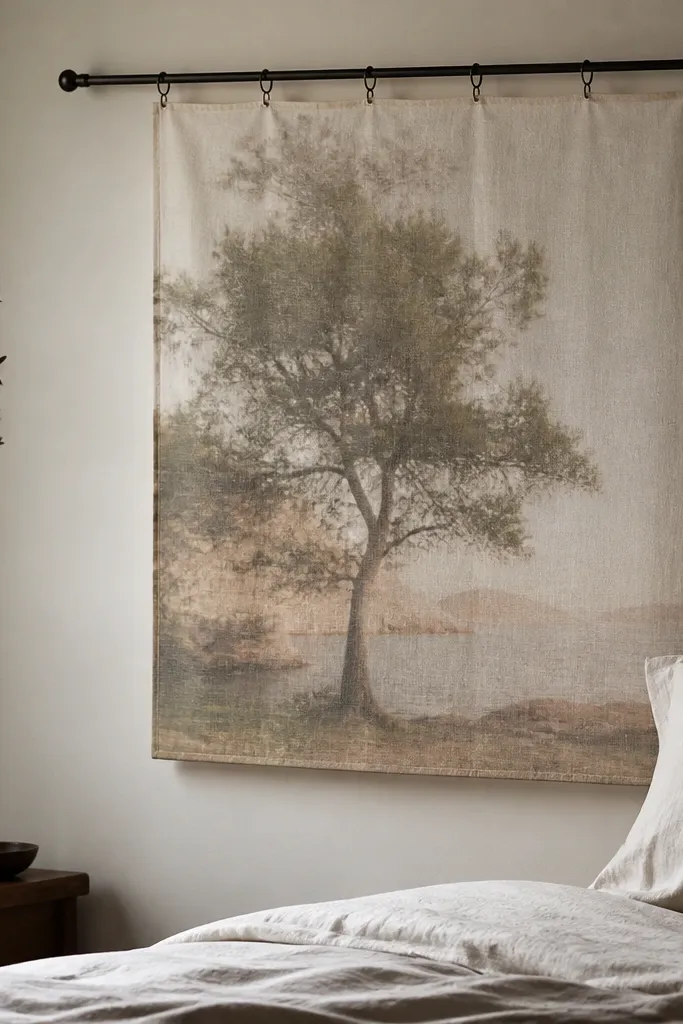 A bedroom wall where a poster is held in a fabric sleeve framed by a tension rod. Clip rings attach the sleeve to the rod. The poster looks like wall art behind light fabric.