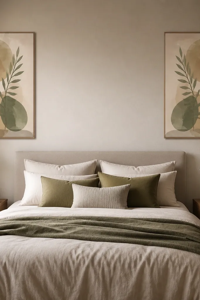 Two vertical posters placed one on each side of the bed, each mounted with removable strips. The posters mirror each other in color and size. Nightstands are visible below, and the alignment looks intentional.