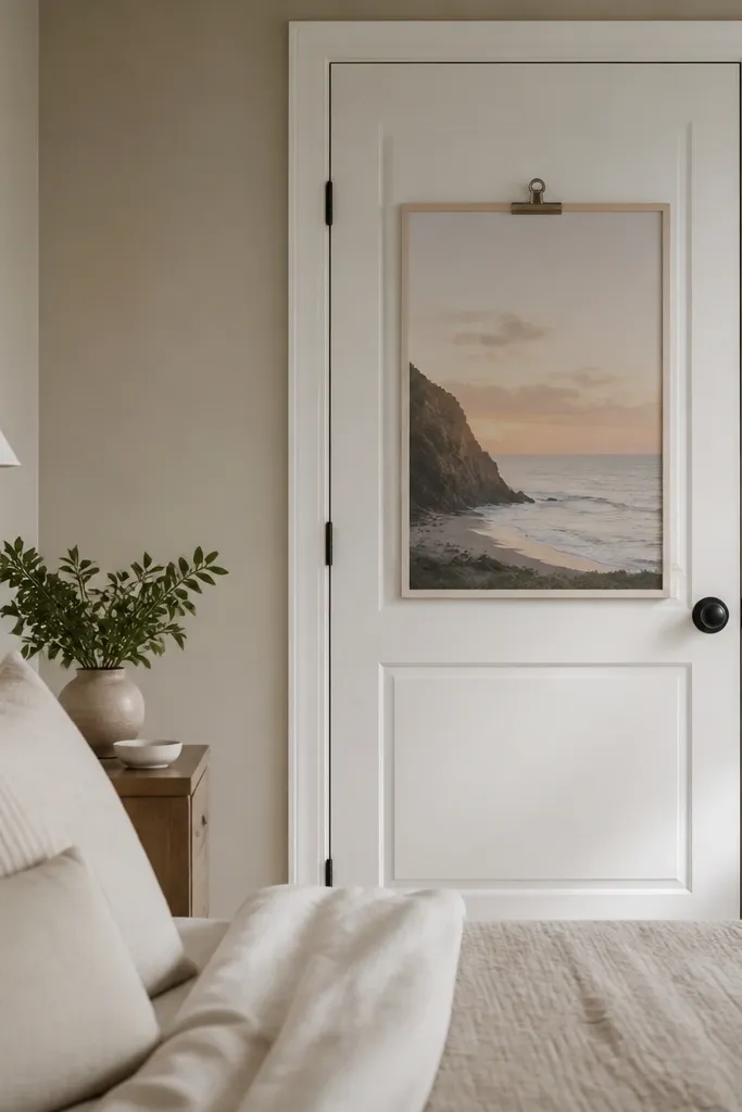 A bedroom door with a clip frame holding a poster. The frame is mounted to the door using removable adhesive pads, with the poster centered and level. The rest of the room is neutral with soft bedding.