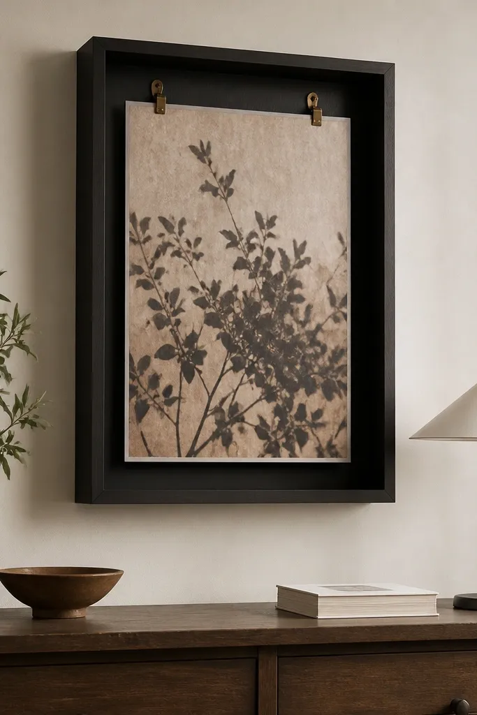 A shadow box display with a poster inside, mounted on the wall with removable hooks. The shadow box has depth, so the poster looks dimensional. The display is centered above a console or dresser.