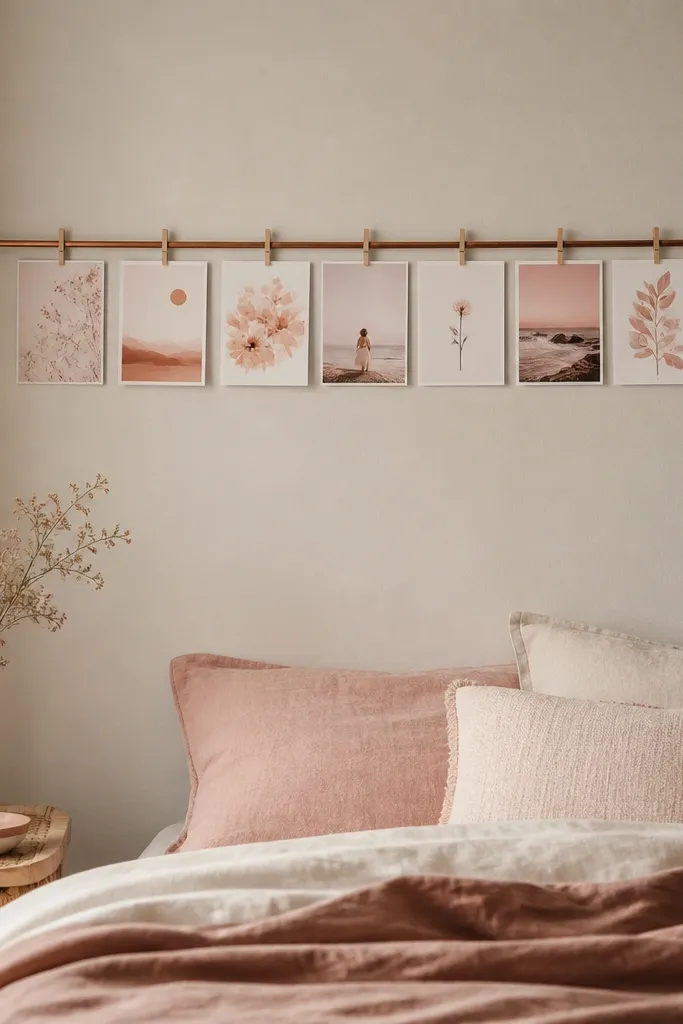 A bedroom wall with a tension rod or curtain rod installed across the wall area (no wall holes). Mini prints hang from clothespins along the rod, creating a line of small art. The prints vary slightly but share a color theme.