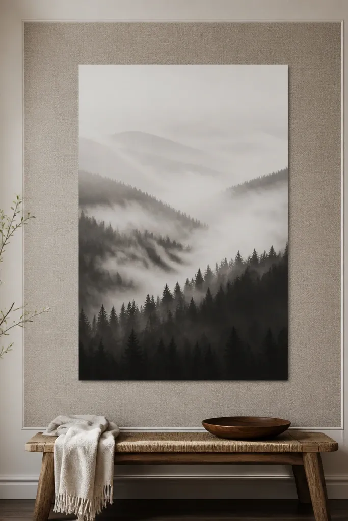 A poster mounted on a wall inside a peel-and-stick rectangular border. The border looks like textured wallpaper, and the poster is centered within it. The edges are crisp and the overall look resembles a framed feature wall.