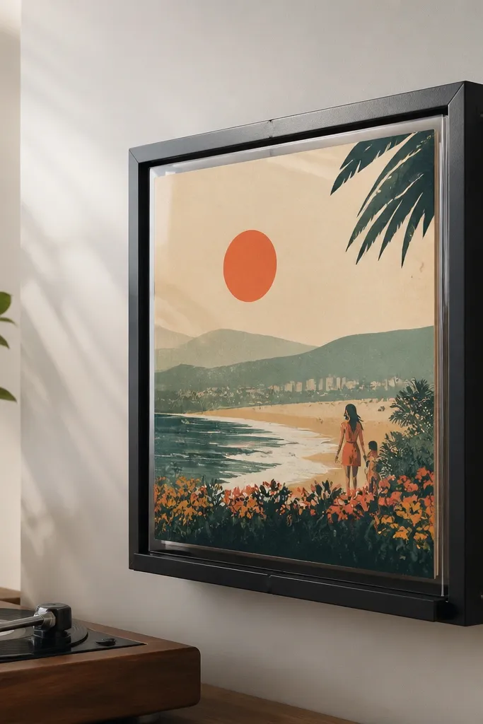 A freestanding or wall-mounted record-style poster display where the poster is held like a vinyl cover behind a clear front. The frame stand is mounted with removable brackets. The poster shows a retro illustration.