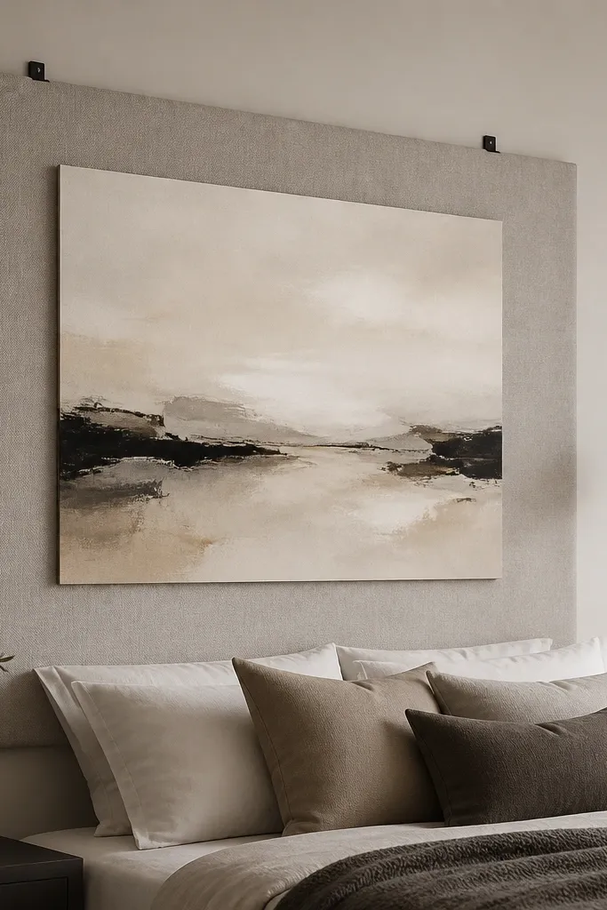 A large fabric panel mounted with removable hooks. A poster is attached on top with Velcro dots, creating a layered wall art effect. The panel looks like a soft headboard panel with a neutral fabric.