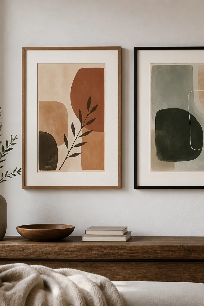 A pair wall arrangement with two framed posters, one in warm wood and one in matte black. Both frames are mounted with removable hangers and aligned at eye level. The posters have complementary colors and a consistent mat width.