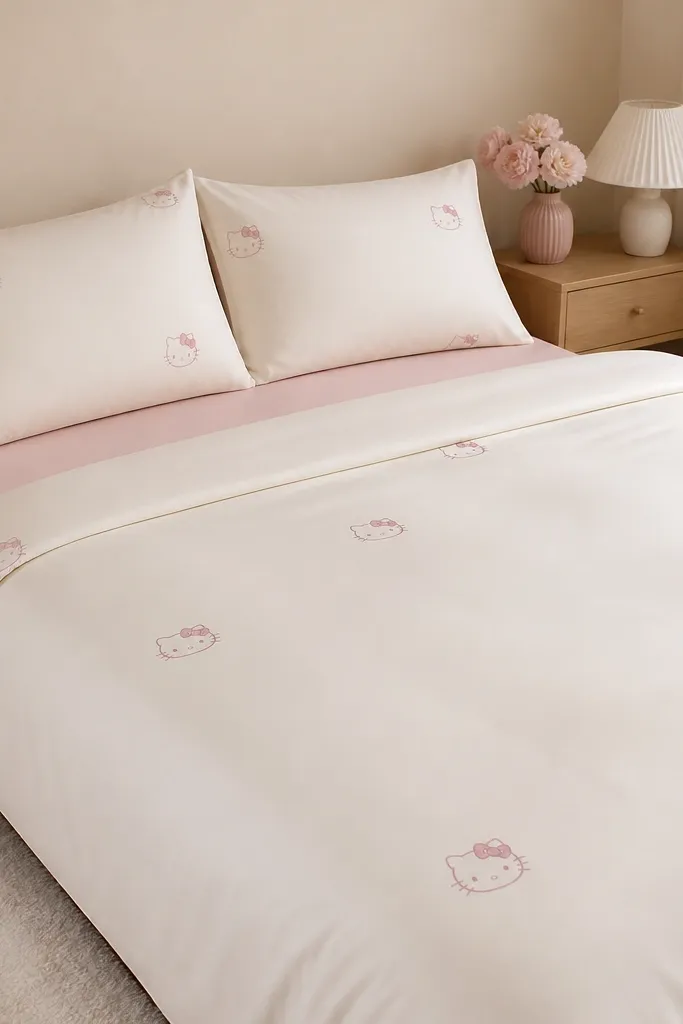 A bed dressed in cream sheets with small pink Hello Kitty faces scattered near the corners and a pale pink fitted sheet; the top cover is smooth and crisp, with a matching pillowcase set.