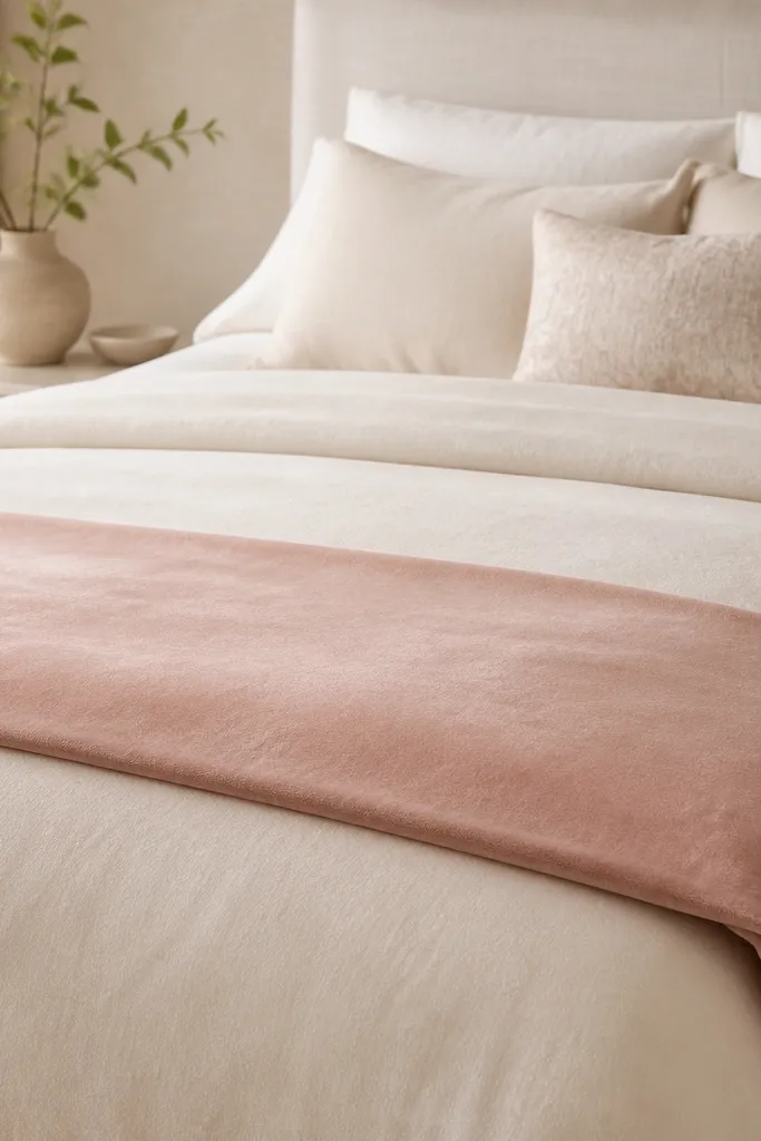 A soft blush pink throw blanket with a subtle velvet texture folded neatly at the bottom of a cream bedspread; it has a clean straight fold line.