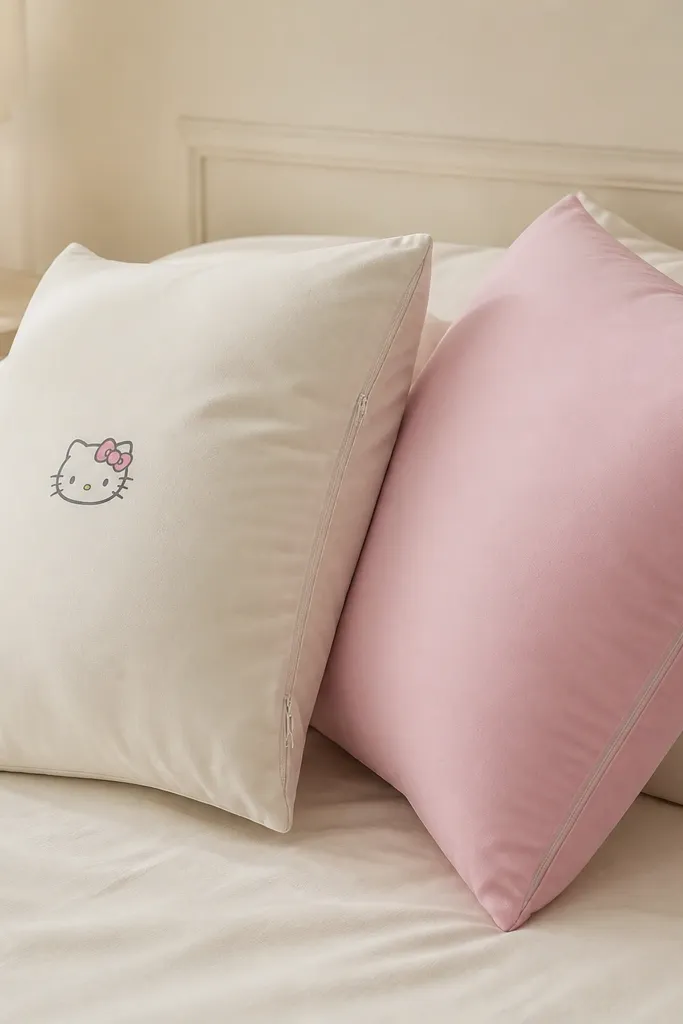 Two square pillows on a bed: one has a small Hello Kitty face print on cream, the other is a solid pastel pink; both pillowcases have visible zipper seams.