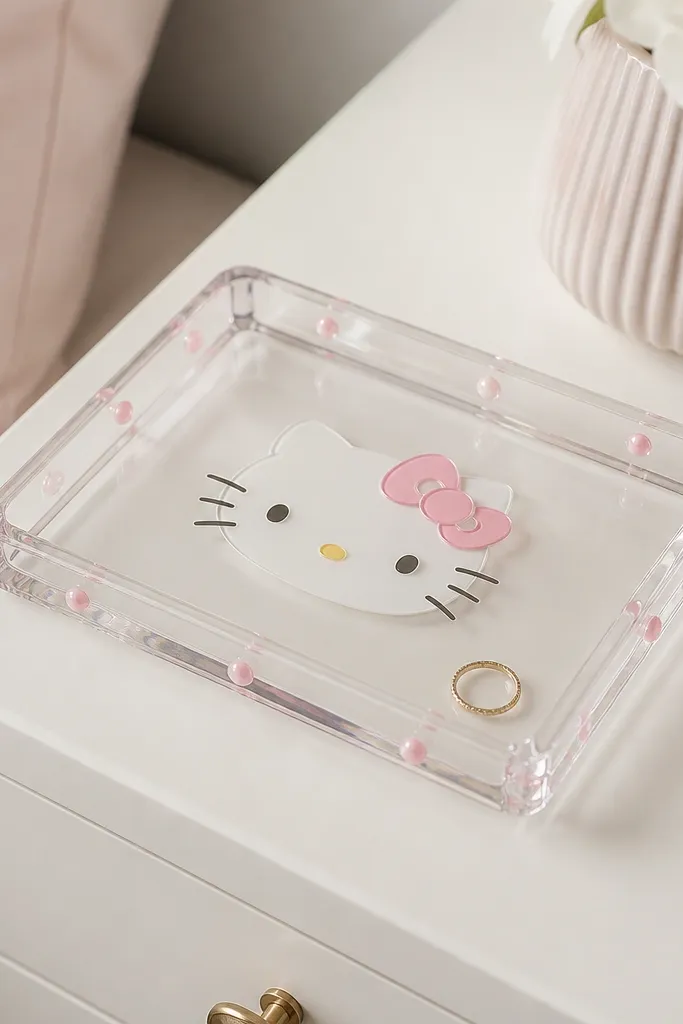 A clear acrylic tray with small pink accents and a Hello Kitty face in the center sits on a white nightstand; a tiny gold ring rests near the edge.