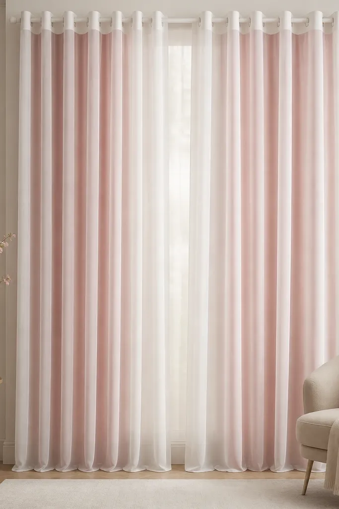 Sheer white curtains with pink microfiber panels behind them; the panels hang from white grommets and fall in straight lines to the floor.