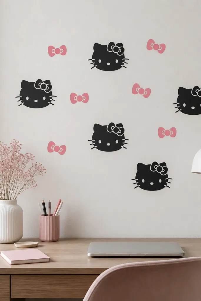 A wall with a cluster of small matte black Hello Kitty faces and pink bow decals arranged above a desk; the decals look flat and clean with no raised texture.