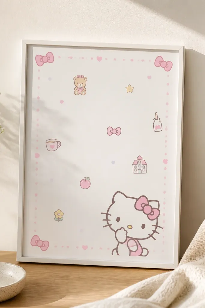 A slim white frame with a Hello Kitty themed print behind clear acrylic; the image shows small pastel icons and a simple border.