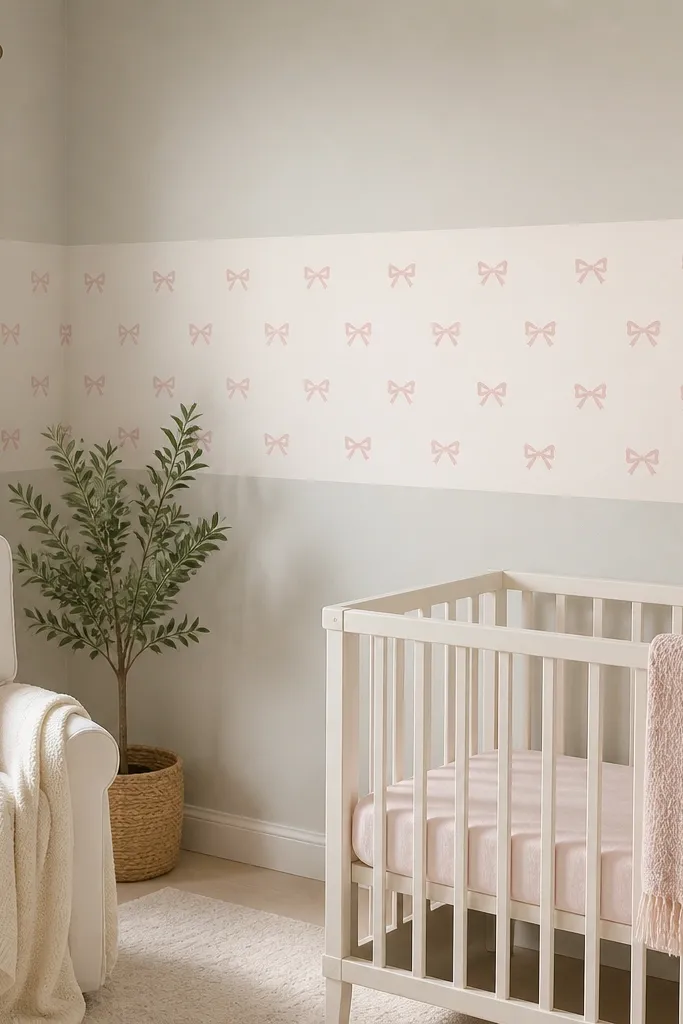 A removable wallpaper border with small bow icons along the top half of a wall, leaving a clean painted band above and below.