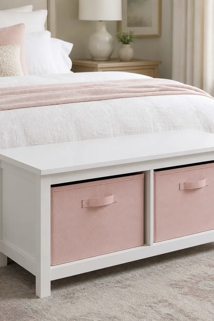 A white storage bench at the foot of the bed with two pastel pink fabric bins inside; the bench top is smooth and uncluttered.