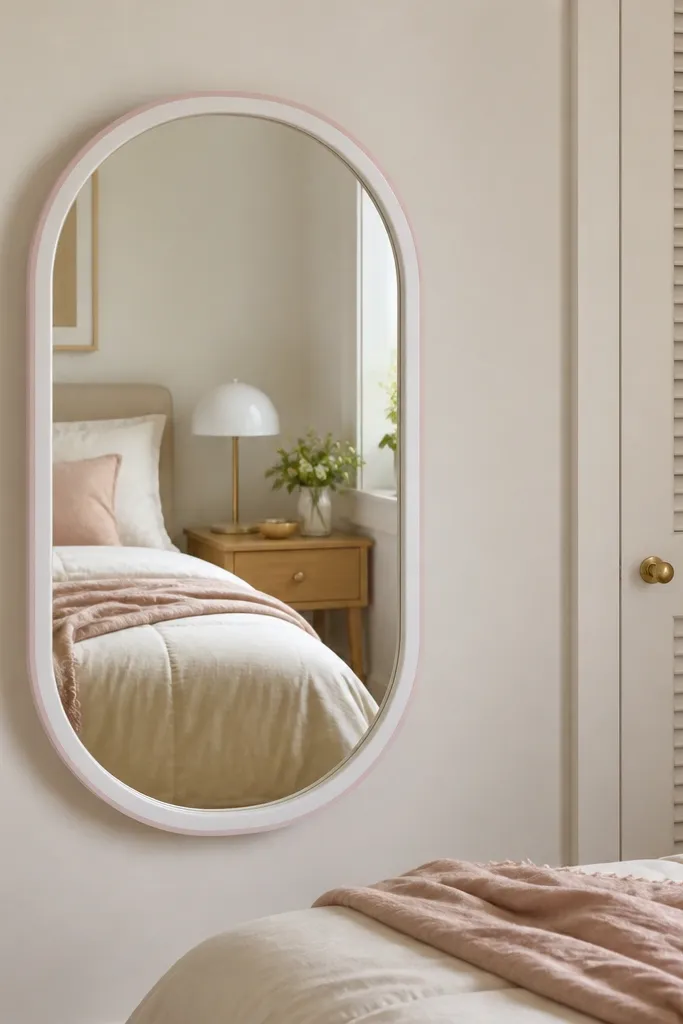 A rounded wall mirror with a white frame and a subtle light pink edge sits near a closet door; it reflects part of the bed and nightstand.