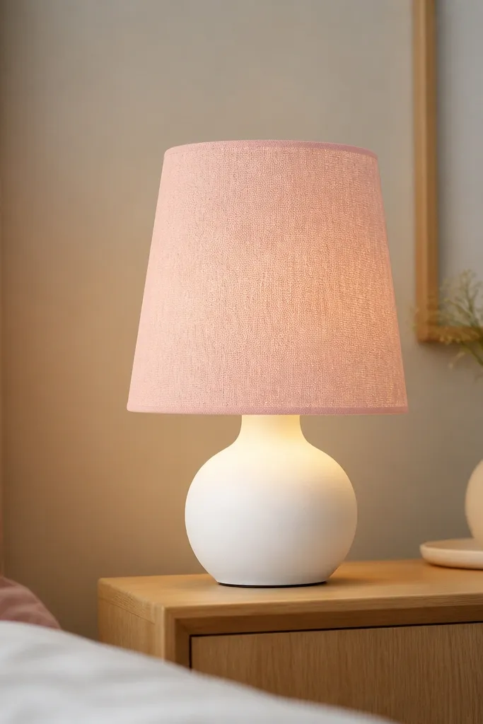 A small table lamp with a white base and pink fabric shade on a nightstand; it has a cordless LED look and warm light.