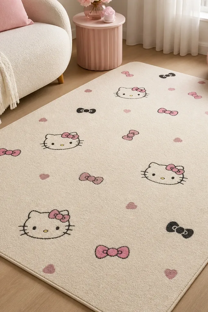 A short-pile rug with small Hello Kitty faces and bows in pink and black on a cream background; the edges are clean and bound.