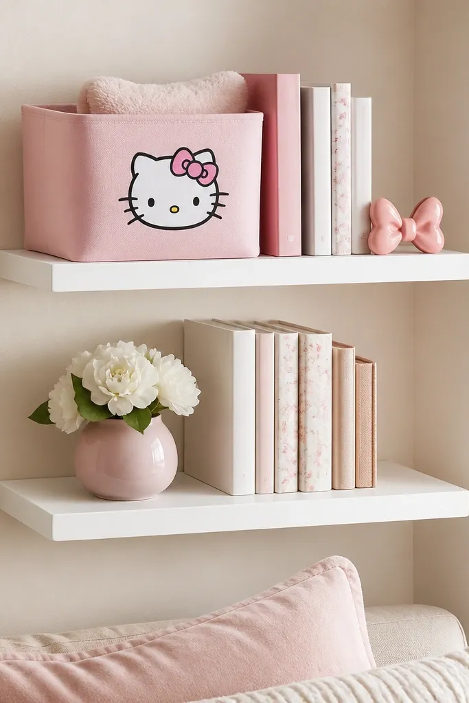 Two small white shelves mounted on a cream wall; on them are a pink Hello Kitty storage bin and a few neatly arranged books with a small bow ornament.