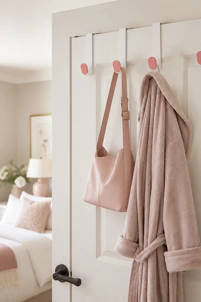 A row of white door hooks with small pink accents on the inside of a bedroom door; a small pink bag and a robe hang neatly.