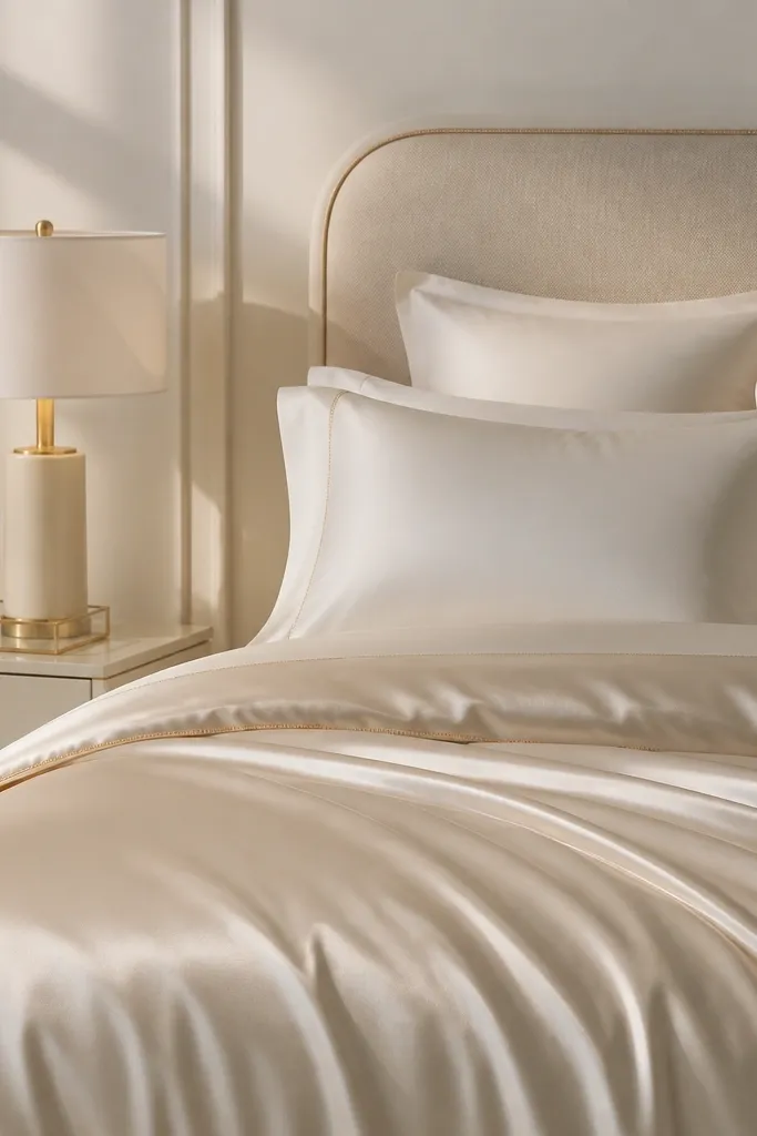 A bed styled with a champagne satin duvet that catches light in soft streaks, layered over ivory percale pillowcases. The headboard is upholstered in warm cream fabric. A thin gold piping detail runs along the duvet edge. On the nightstand, there is a small glass tray and a cream lamp with a drum shade.