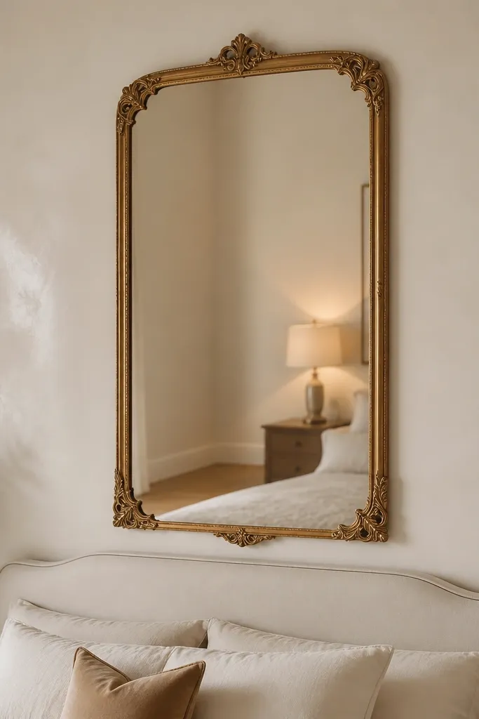 A tall antique gold mirror mounted directly above a cream upholstered headboard. The mirror has an ornate frame with thin filigree corners. The reflection shows a warm bedside lamp and a pale rug edge. The wall paint is warm off-white with a slight eggshell sheen.