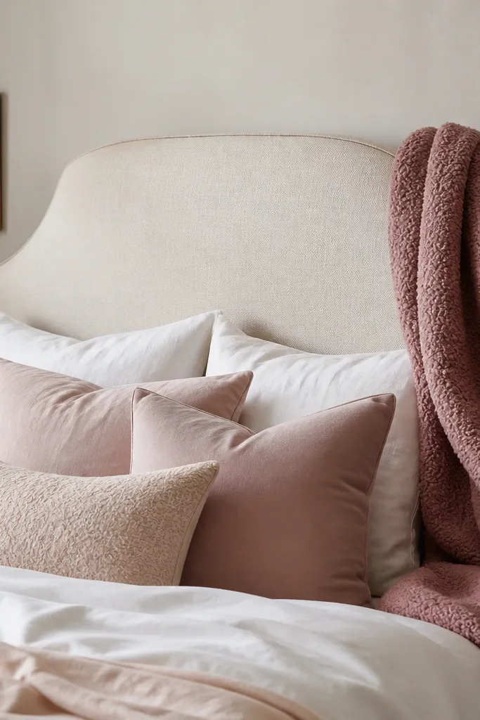 A dusty rose bouclé throw draped over the right side of a cream headboard. The throw has a thick, looped texture and a soft, matte look. The bed has layered white and blush pillows. A small gold-framed picture sits on the wall to the left.