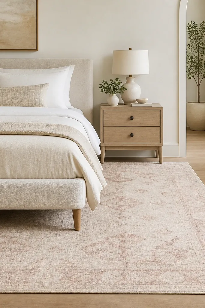 A large area rug in warm ivory with a subtle blush pattern, softly worn in appearance. The rug covers the space under the bed front legs. The edges show a low-profile weave. The room has cream walls and a light wood nightstand.