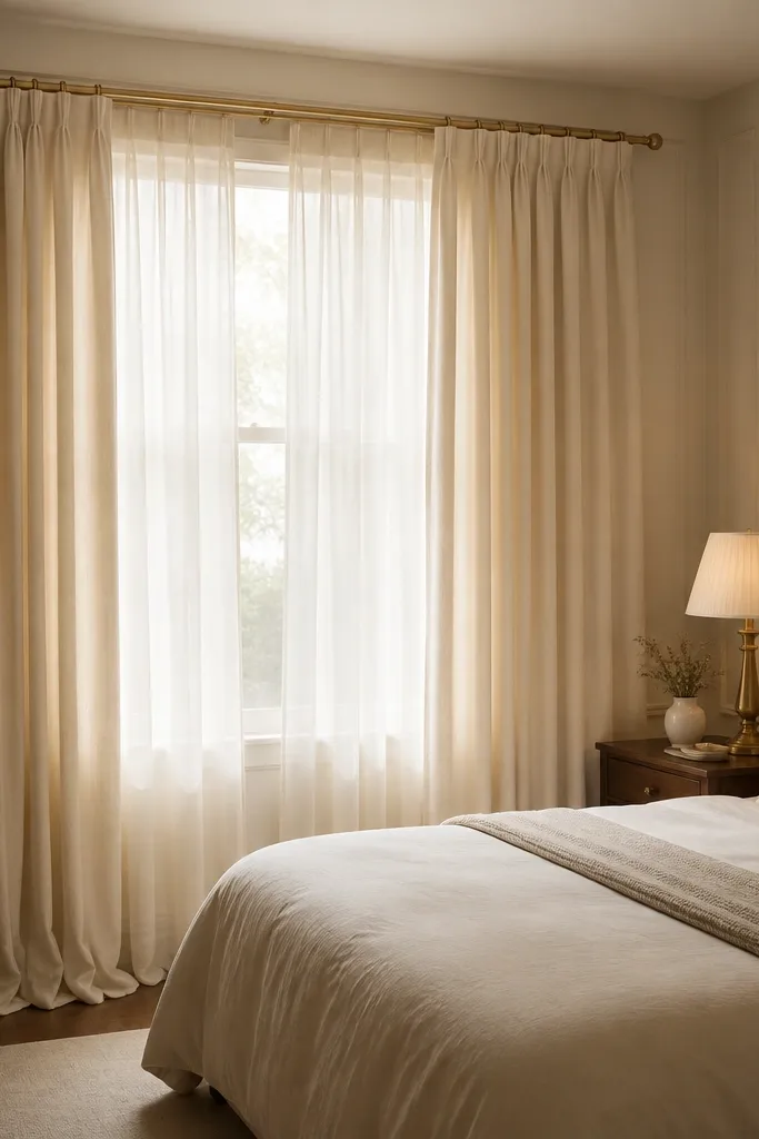 A window dressed with sheer warm white curtains layered under thicker cream curtains. The curtains have soft folds and a slight puddle at the bottom. A small antique gold curtain rod holds both layers. The bed sits near the window with a matching warm lamp.