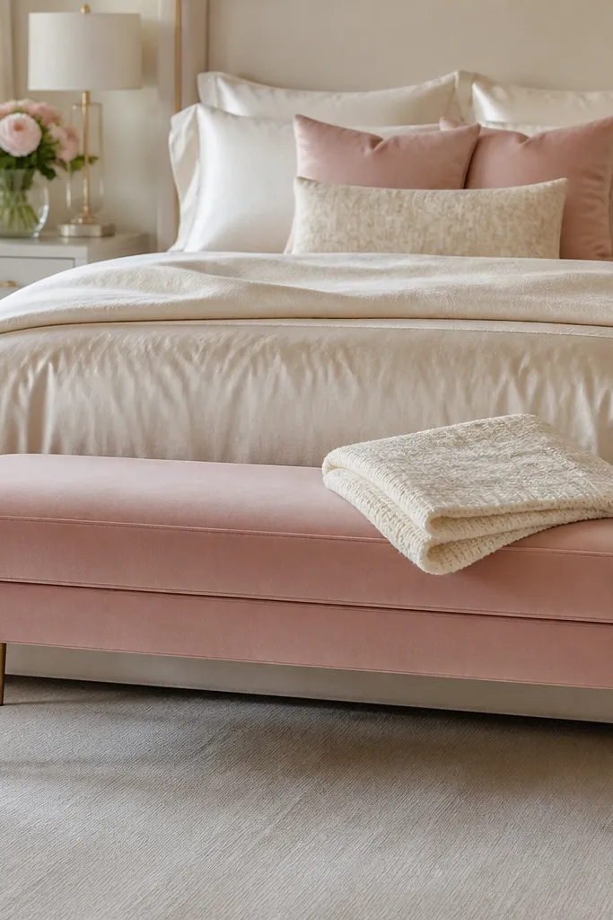 A blush velvet upholstered bench placed at the foot of a bed. The bench has a low back or no back, with thin gold legs. A folded ivory knit throw sits on top. The bed linens are cream and champagne with a few blush pillows.