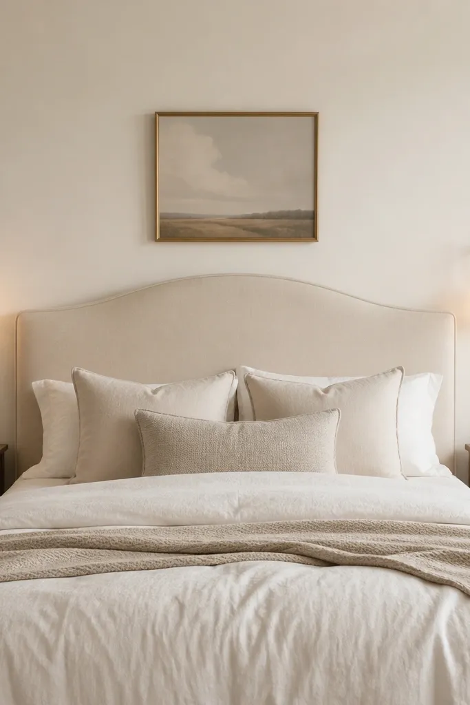 Two matching wall sconces on either side of a cream headboard. Each sconce has a small glass shade with a warm glow. The wall is painted eggshell off-white. A pair of matching nightstands hold minimal decor.
