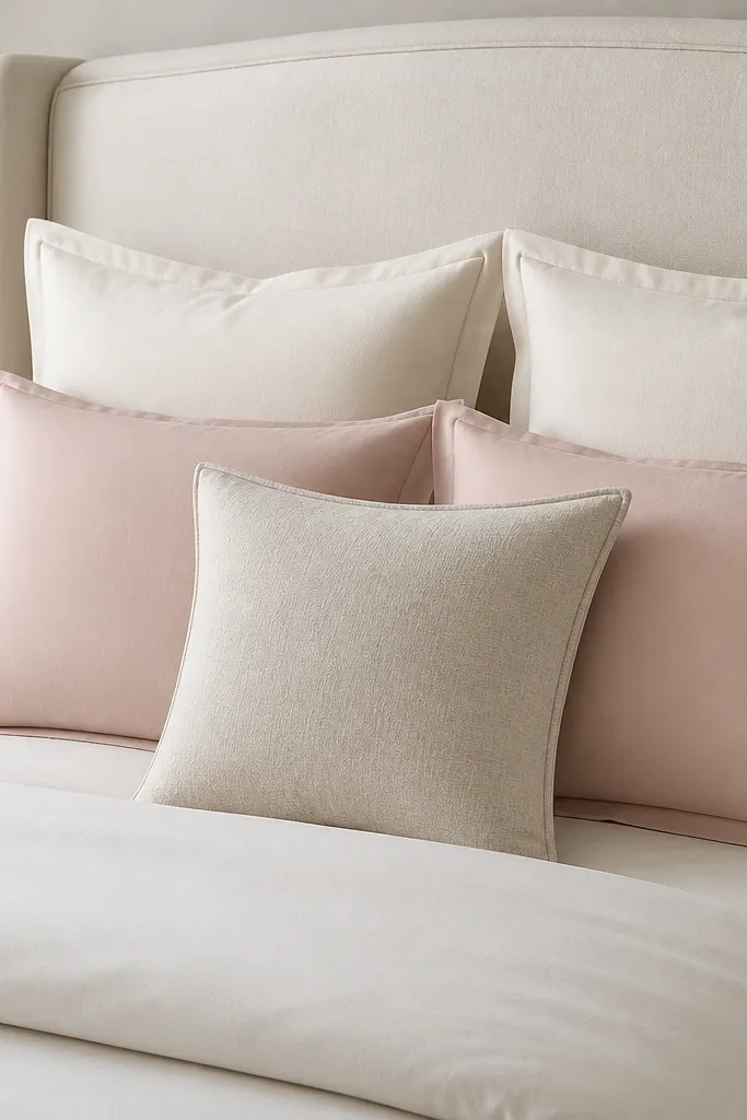 A close view of the bed showing a layered pillow stack: two European shams in ivory, two standard pillows in blush, and one smaller square accent. The headboard is cream upholstered. The pillow seams are crisp and straight.