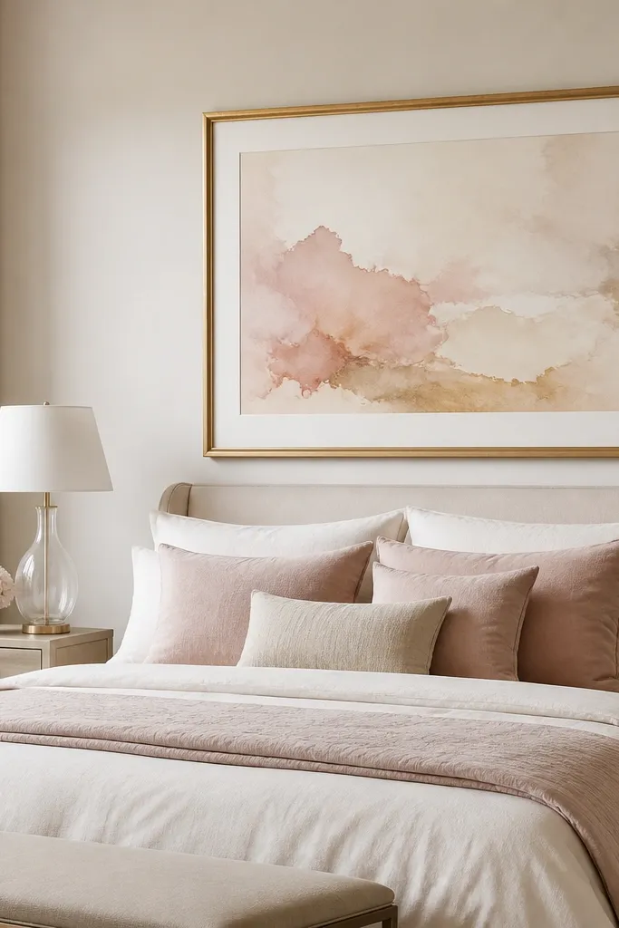 One large framed artwork above the bed, with a gold leaf frame. The art is a soft watercolor style in blush and warm ivory tones. The mat is off-white. No gallery wall - just one statement piece.