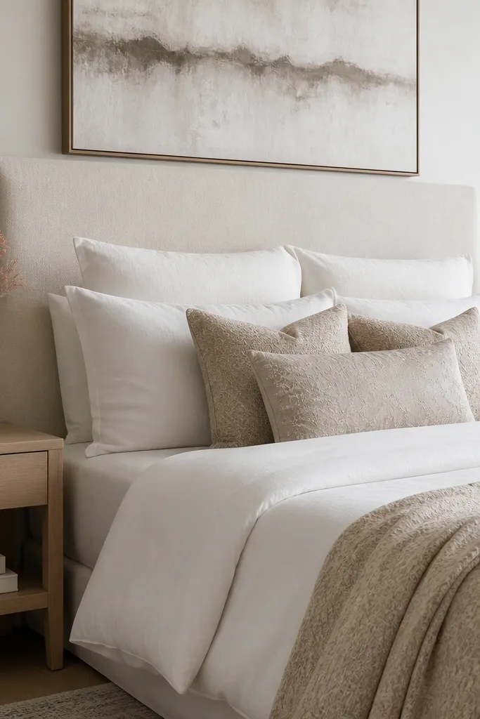 A white ceramic vase with a slightly irregular sculptural shape and a thin gold rim sits on each nightstand. Inside are short dried stems with blush tips. The nightstands are light wood with one drawer each.