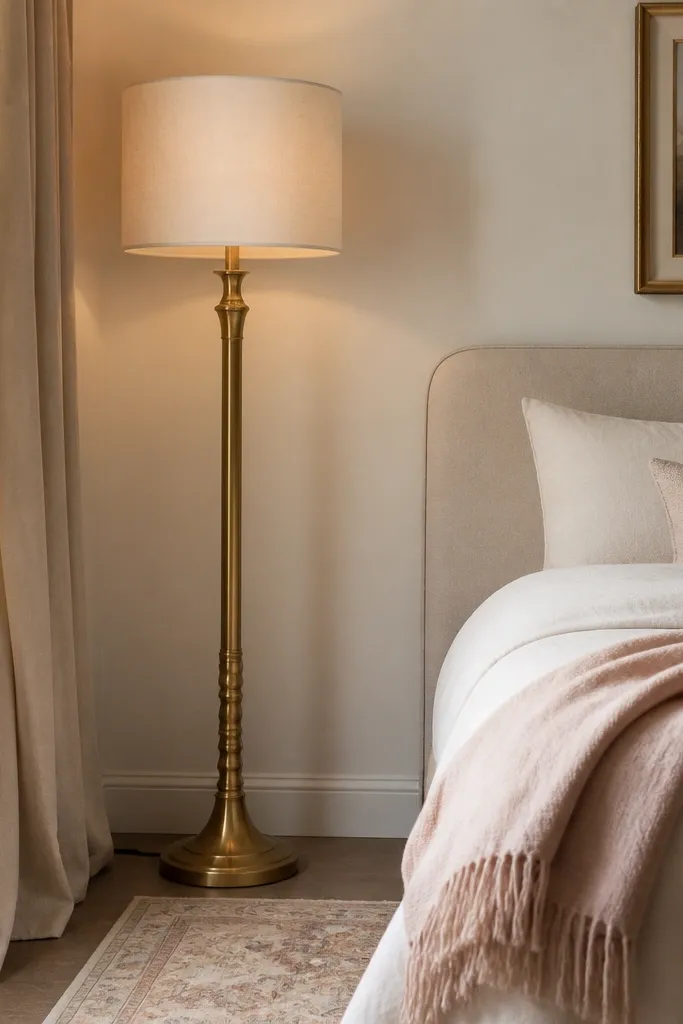 A tall antique brass floor lamp placed in the corner by the bed. It has a drum shade in warm white fabric. The lamp base has a textured brass finish. A small rug and a blush throw sit nearby.