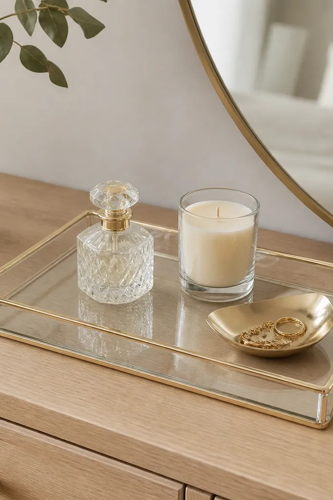 A clear glass vanity tray with a thin gold edge on a bedroom dresser. On it sit a small crystal perfume bottle, a cream candle in a glass holder, and a gold spoon-like jewelry dish. The dresser is light wood with minimal clutter.