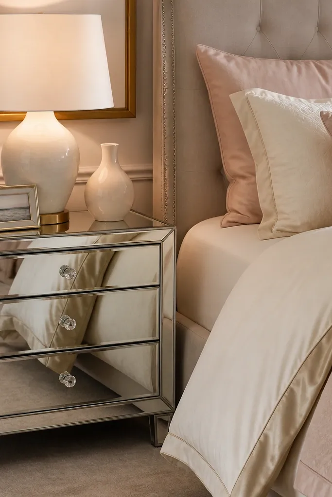 A mirrored nightstand with a reflective surface next to the bed. The top holds a warm ivory table lamp, a small cream vase, and a single framed photo. The bedding is ivory and blush with a champagne duvet edge.