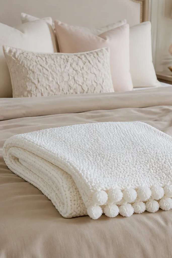 A soft white knit throw with small pom trim folded neatly at the foot of a bed. The bed has cream and blush pillows with a champagne duvet. The throw texture looks thick and cozy.