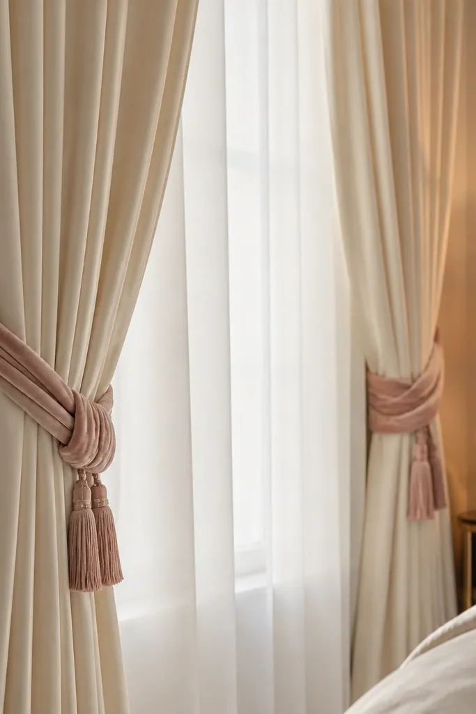 Blush velvet curtain tiebacks holding thick cream curtains open. The tiebacks are looped with a soft knot and small tassels. The sheer layer stays behind. The bed and lamp glow reflect on the fabric.