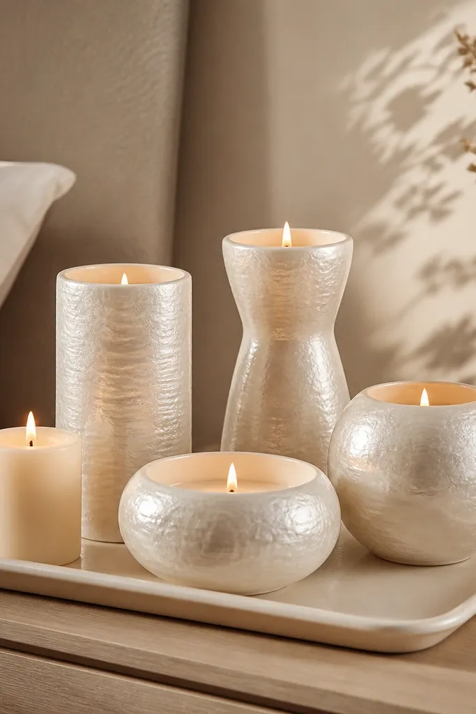 A set of candle holders on a bedside tray. The holders are off-white with a pearl-like finish and subtle texture. Warm ivory candles sit inside or beside them. The lighting is warm, casting soft shadows on cream walls.