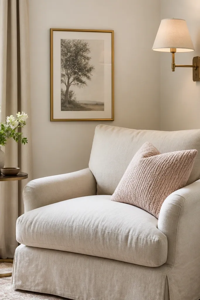 A small reading corner with a linen armchair and a side table. A wall sconce with a linen shade sits above the chair. Nearby is a blush knit pillow and a small gold framed print. The wall color is warm off-white.