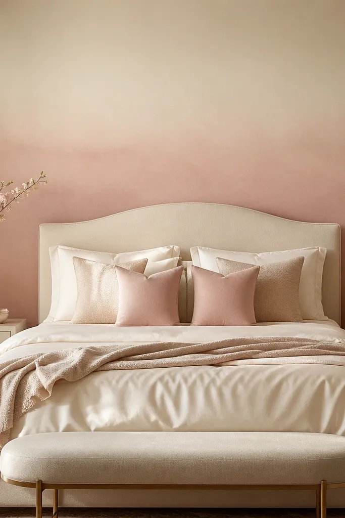 An accent wall behind the bed with a soft blush ombre effect that fades upward into warm ivory. The headboard is cream upholstered. The bedding is ivory and champagne with blush pillows. The wall finish looks smooth and warm.