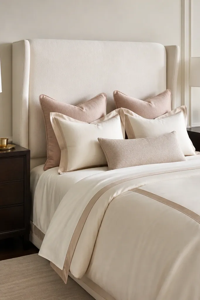 Deep espresso wood nightstands with brass hardware beside a cream upholstered bed. The tops are kept clean with a small brass tray and one cream lamp. The bedding is ivory and blush with champagne duvet edges.
