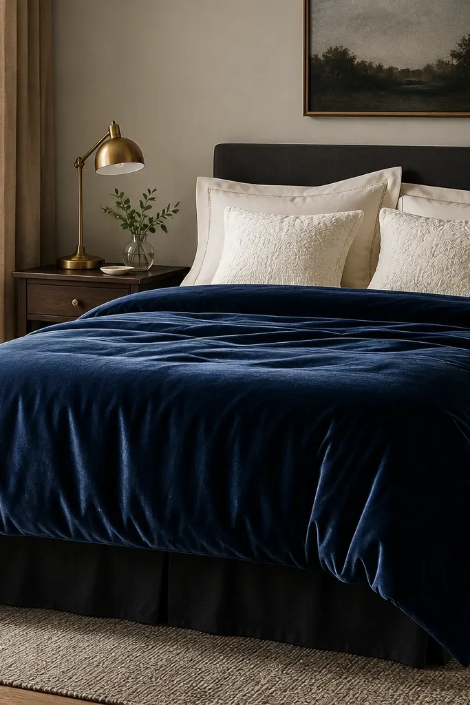 A queen bed styled with a deep navy duvet that looks velvety, paired with cream pillow shams. Two pillows have a subtle raised stitch pattern in off-white, and the bed skirt is dark charcoal. A small brass bedside lamp sits on a dark wood nightstand.