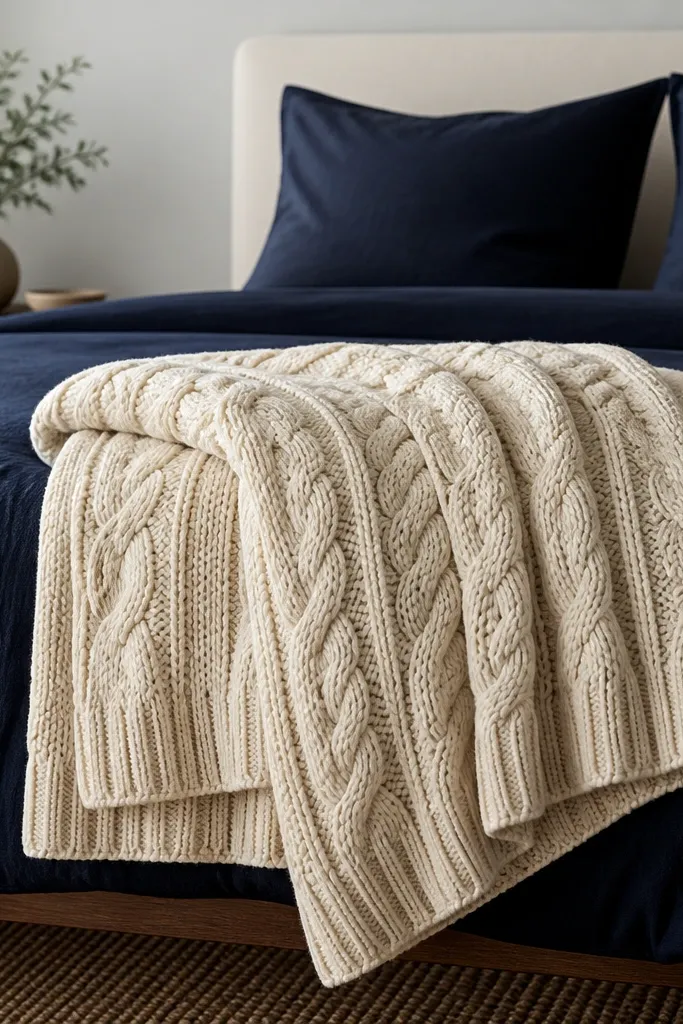 A cream cable-knit throw folded and draped over the foot of a bed. The knit has thick ribs and a slightly chunky texture. The throw contrasts against a dark navy duvet, and it's paired with two dark pillows.
