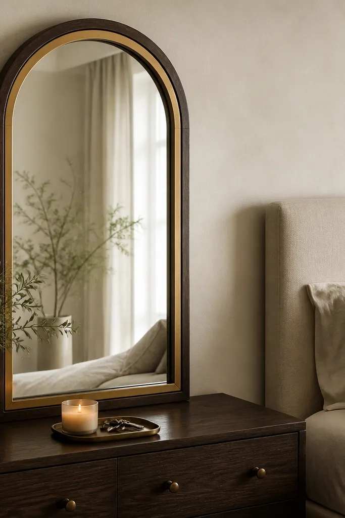 A tall mirror with a rounded-arch top. The frame is brushed brass, and the outer trim looks like dark stained wood. It's placed beside a bed on a dark wood dresser, with a small tray holding a candle and a few keys.