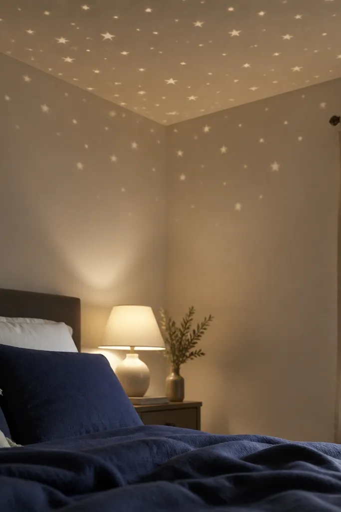 A ceiling corner with a subtle star pattern projected overhead. A small bedside lamp with a cream shade glows warm on a nightstand. The bed is in the foreground with navy bedding.