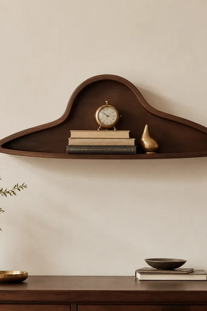 A wall shelf shaped like a floppy hat silhouette, mounted above a desk or dresser. It holds a few stacked books, a small brass desk clock, and a tiny decorative object in a warm gold tone.